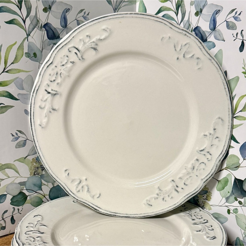Vintage Antique Scroll White Farmhouse 11" Dinner Plates Embossed Cottagecore